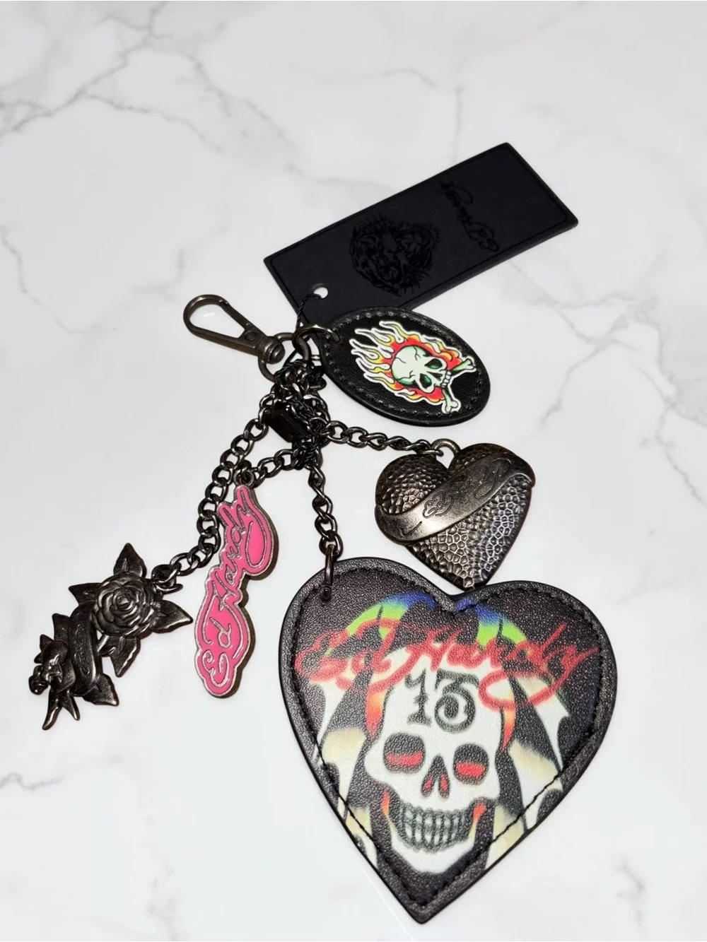 Ed Hardy Black Multi-Charm Heart Skull Key & Lipstick Holder